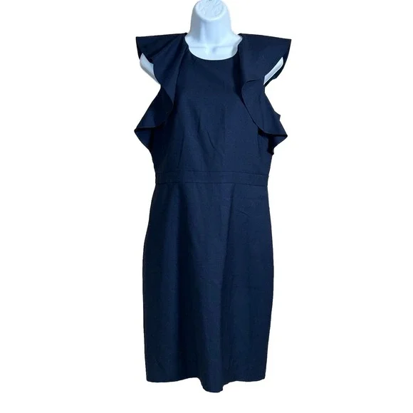 J.CREW Women's Monday Dress Lined Solid 100% Blue Wool Ruffle Sheath Career Sz 8 - Picture 1 of 16